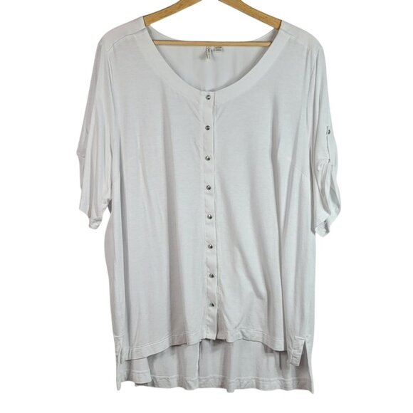 Cato Button Front Top White Size 18 20W Scoop Neck 3/4 Sleeve Stretchy Hi Low - Picture 1 of 6